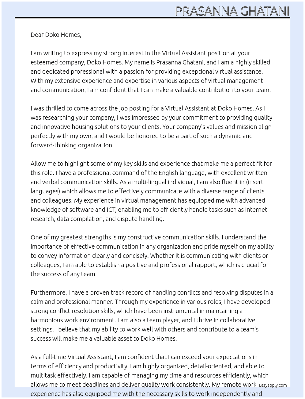 Virtual Assistant  At Doko Homes Cover Letter