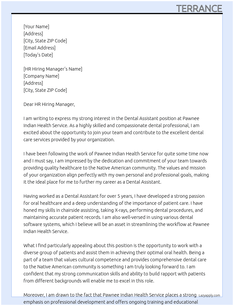 Dental Assistant At Pawnee Indian Health Service Cover Letter