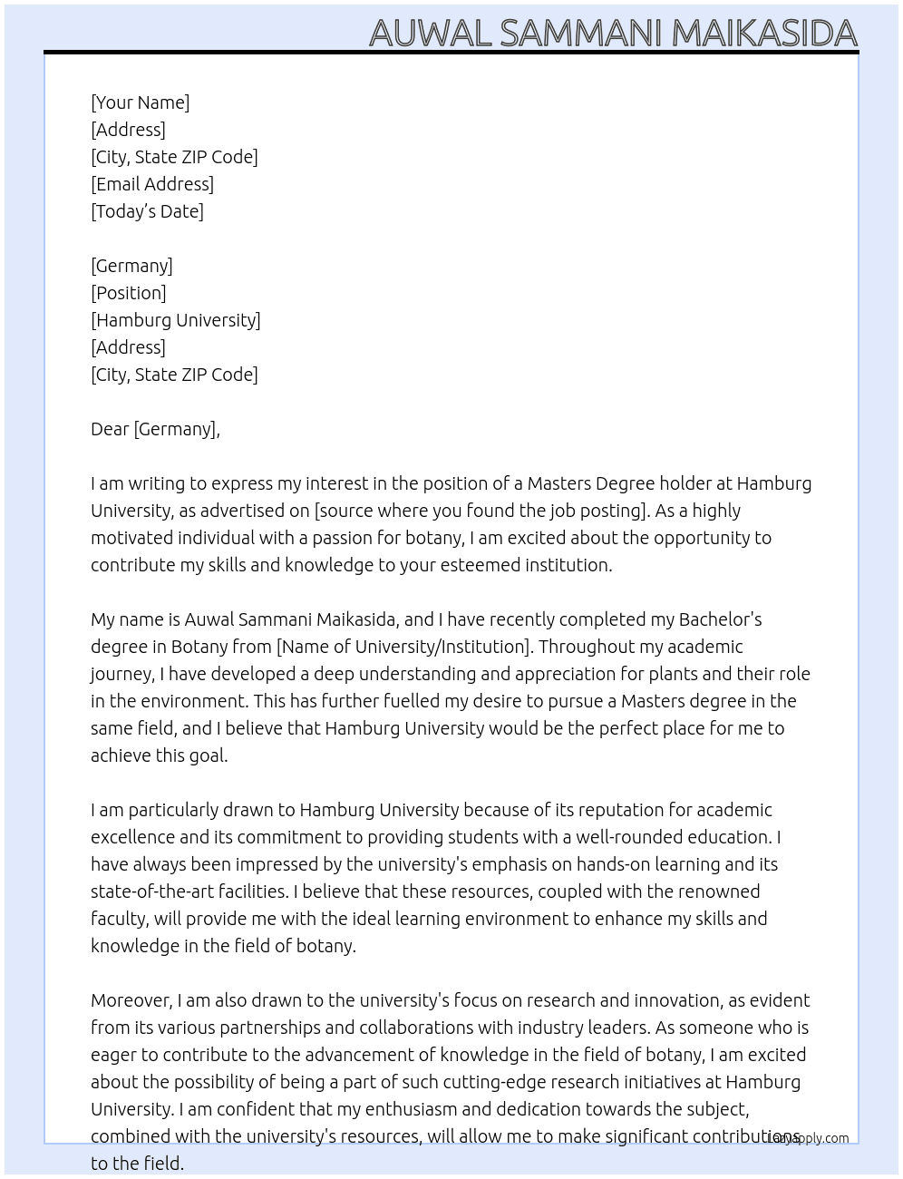 masters degree At hamburg university Cover Letter