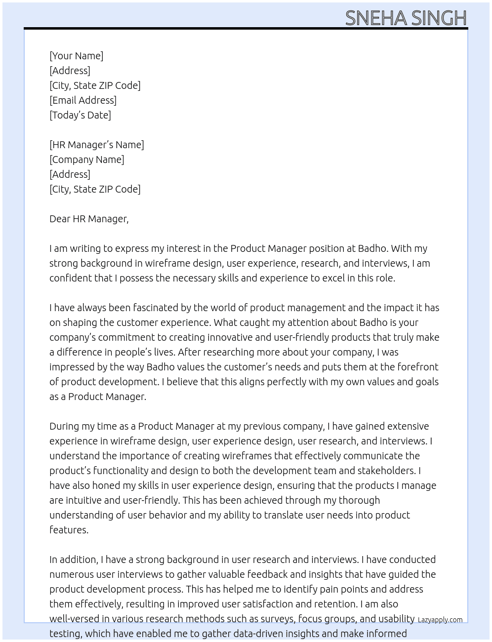 Product Manager At Badho Cover Letter