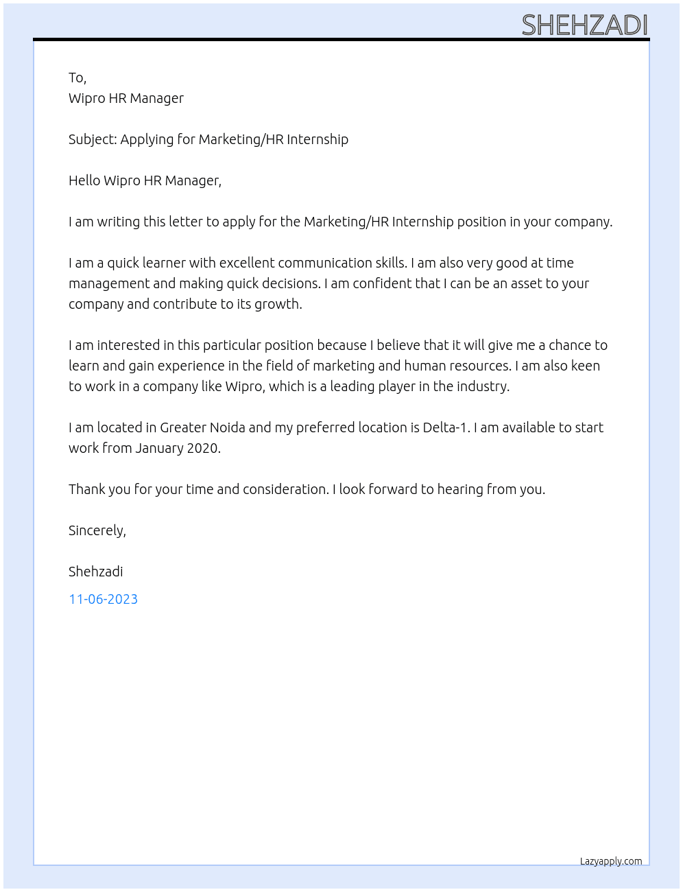 marketing /HR internship  At wipro ltd. Cover Letter