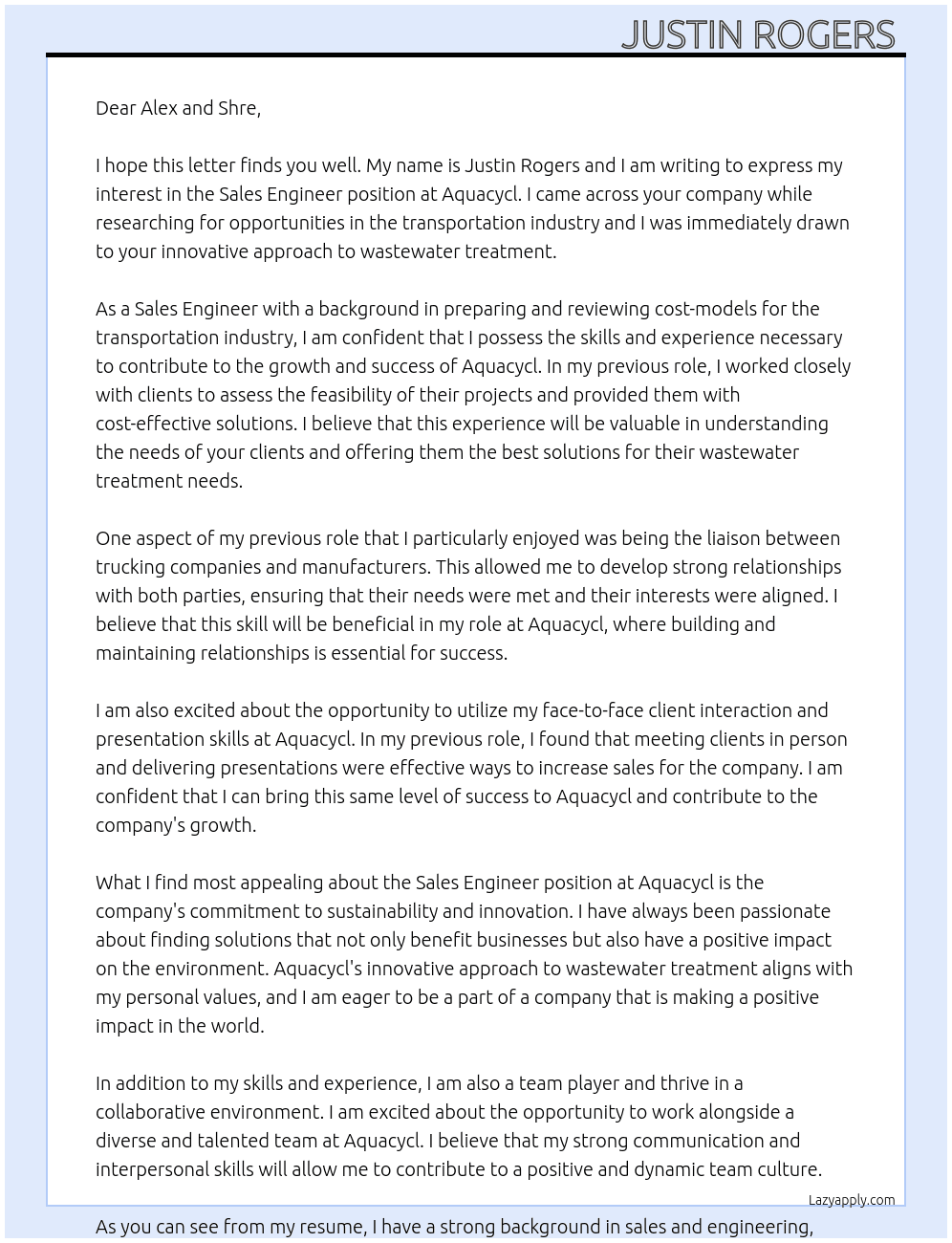 Sales Engineer At Aquacycl Cover Letter