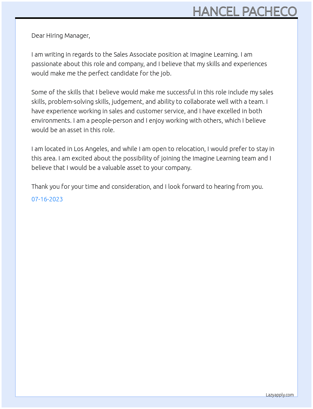 Sales Assocaite At Imagine Learning Cover Letter