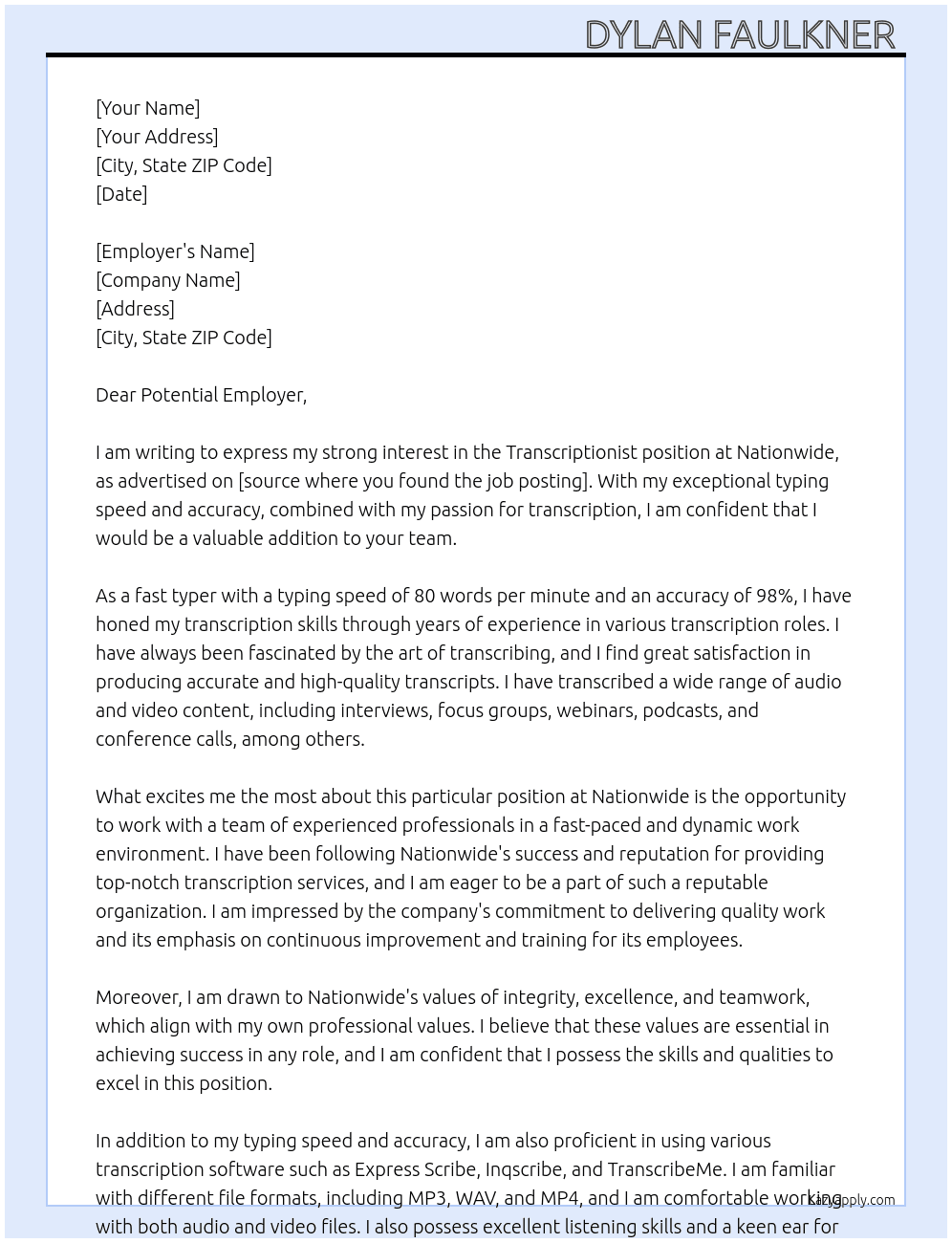 Transcriptionist At Nationwide Cover Letter