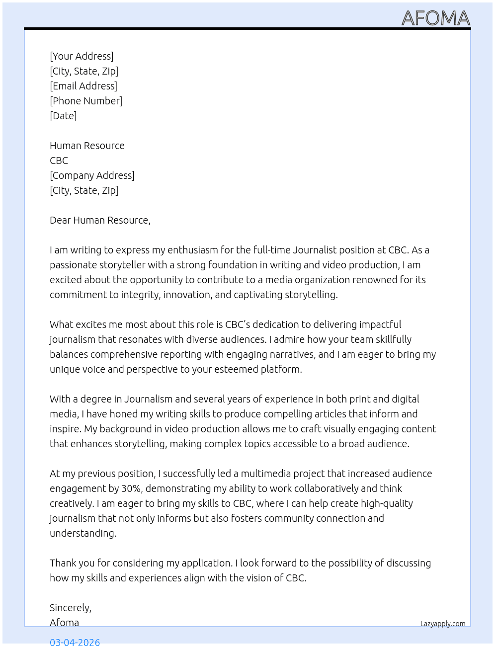 Journalist  At CBC Cover Letter
