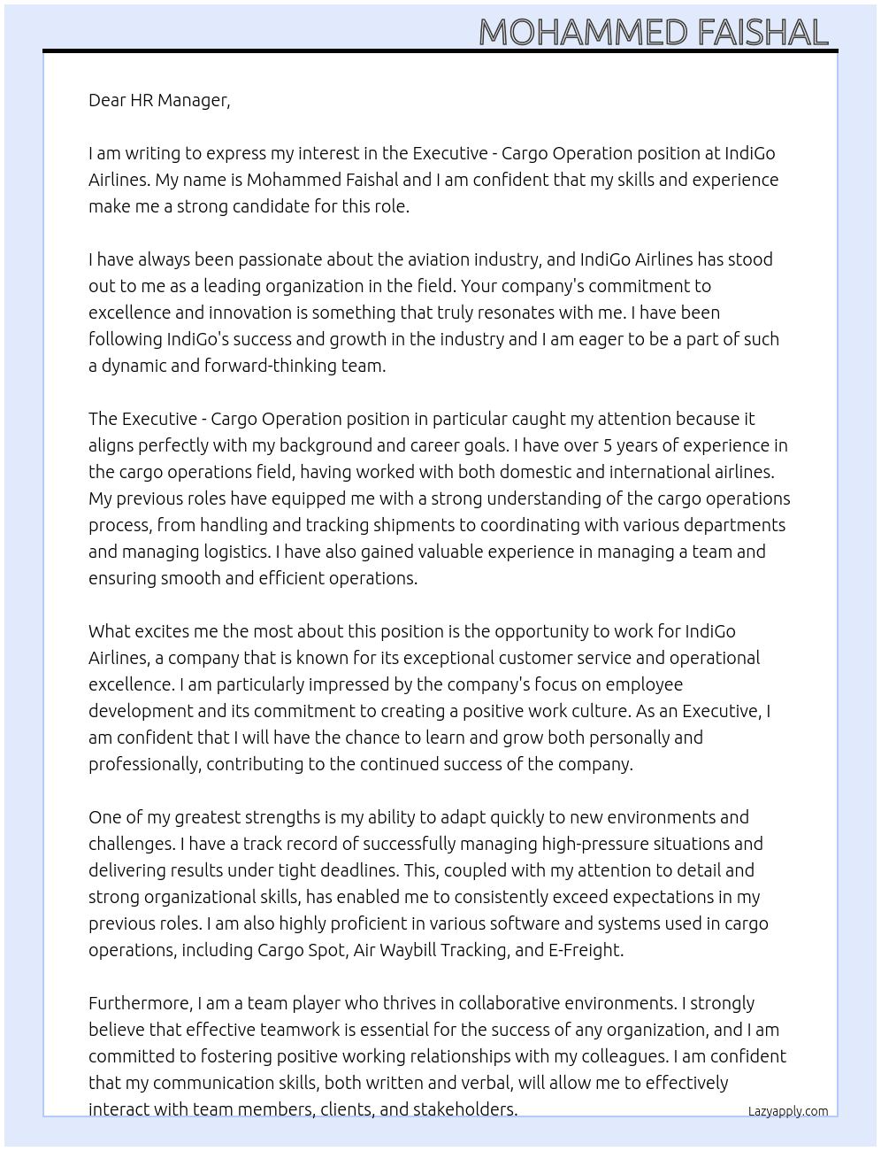Executive - Cargo operation  At Executive - IndiGo airlines Cover Letter