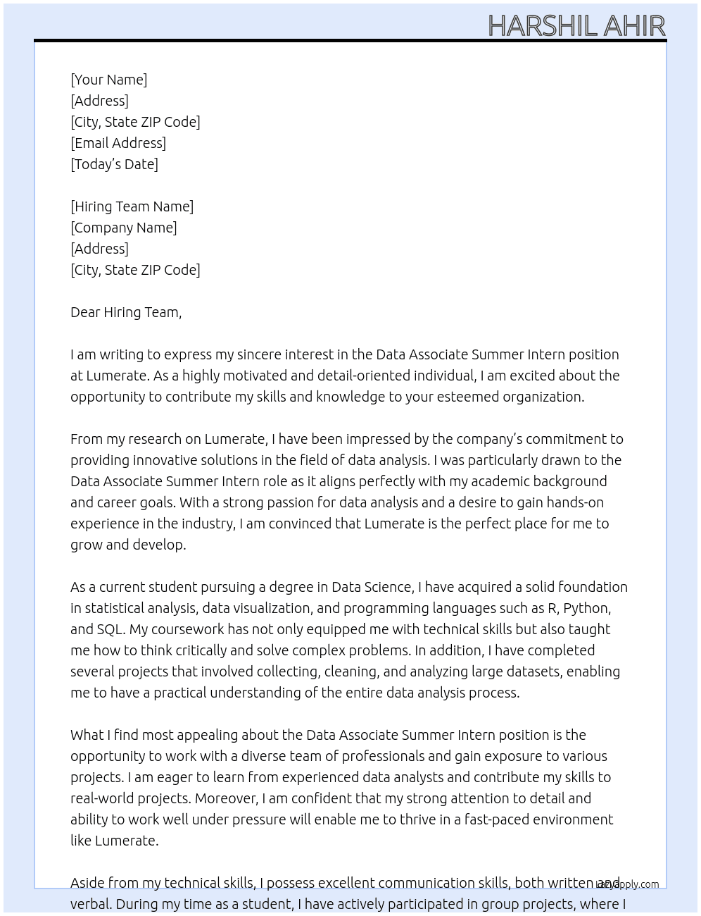 Data Associate Summer Intern At Lumerate Cover Letter