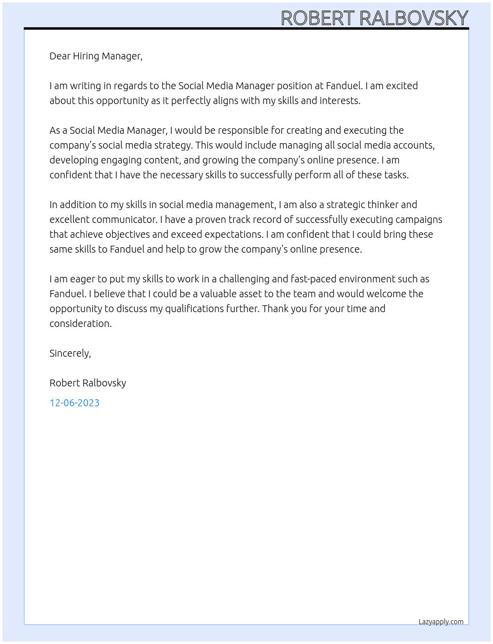 Social Media Manager At Fanduel Cover Letter