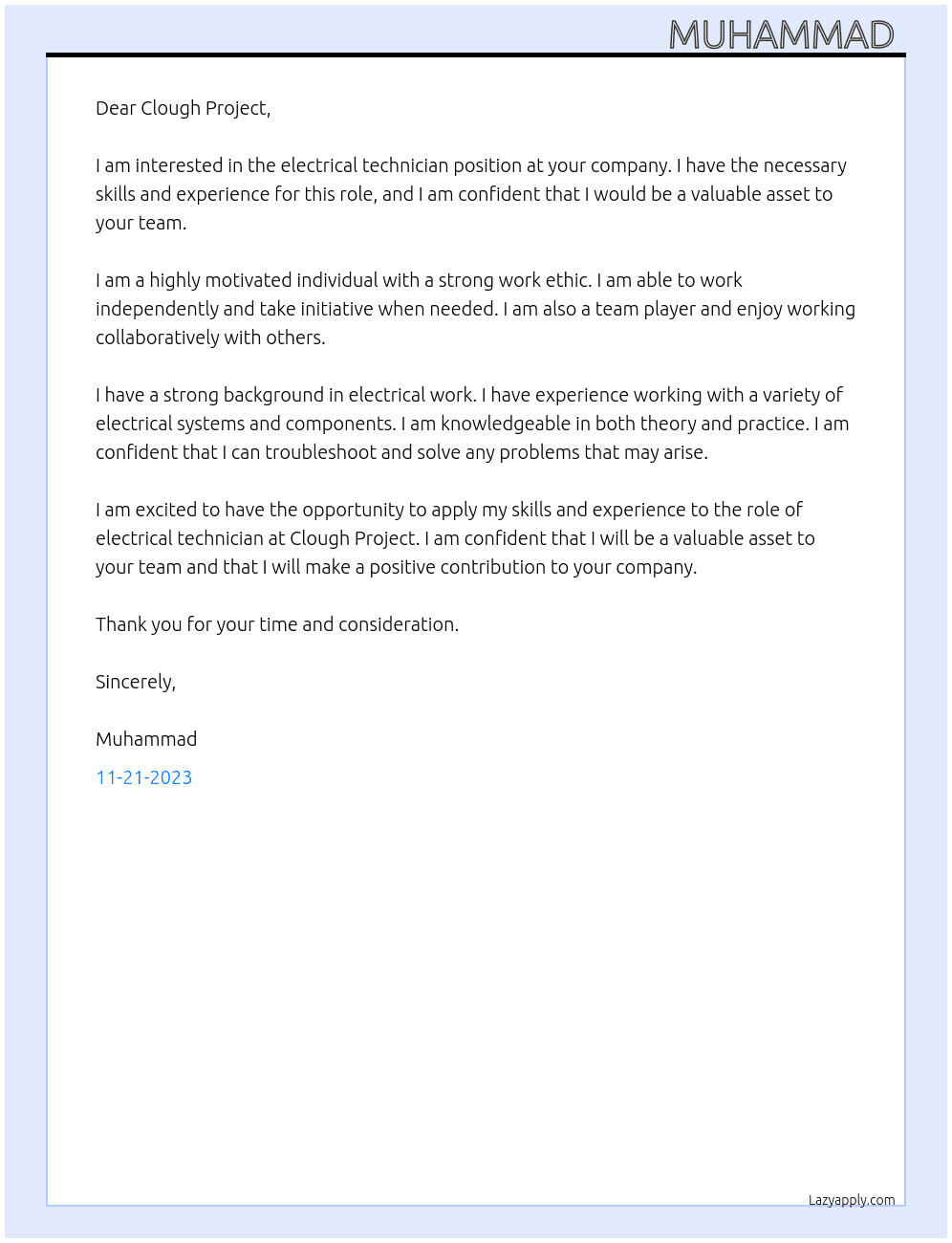 Electrical technician  At Clough Project  Cover Letter