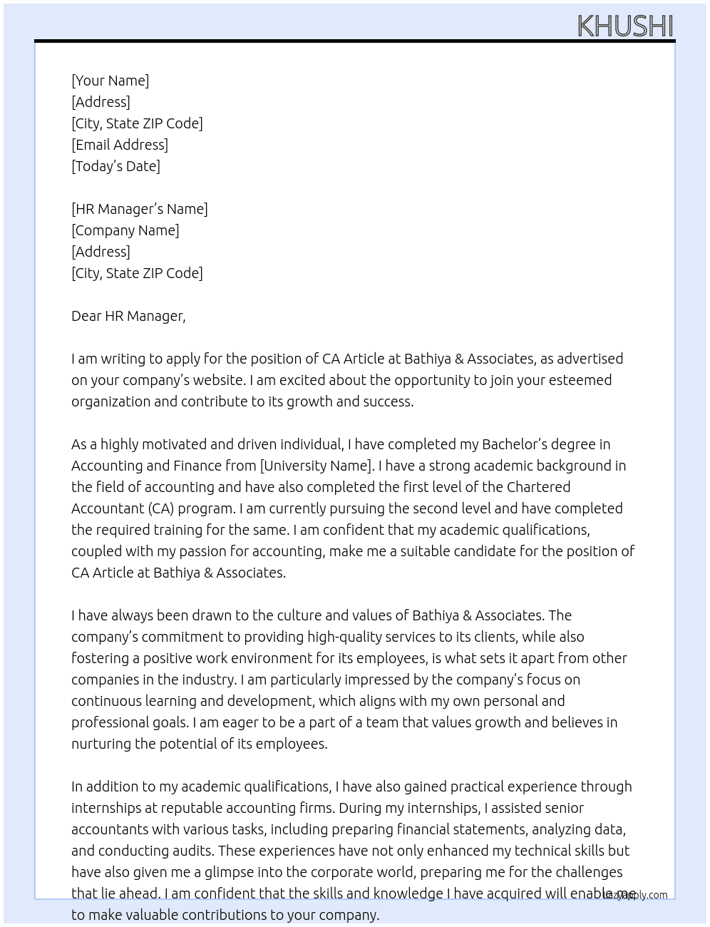 CA Article At Bathiya & associates Cover Letter
