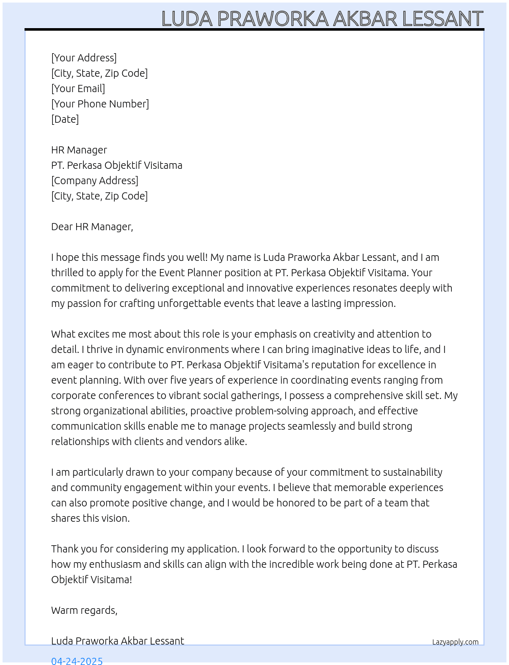 Event Planner At PT. Perkasa Objektif Visitama Cover Letter