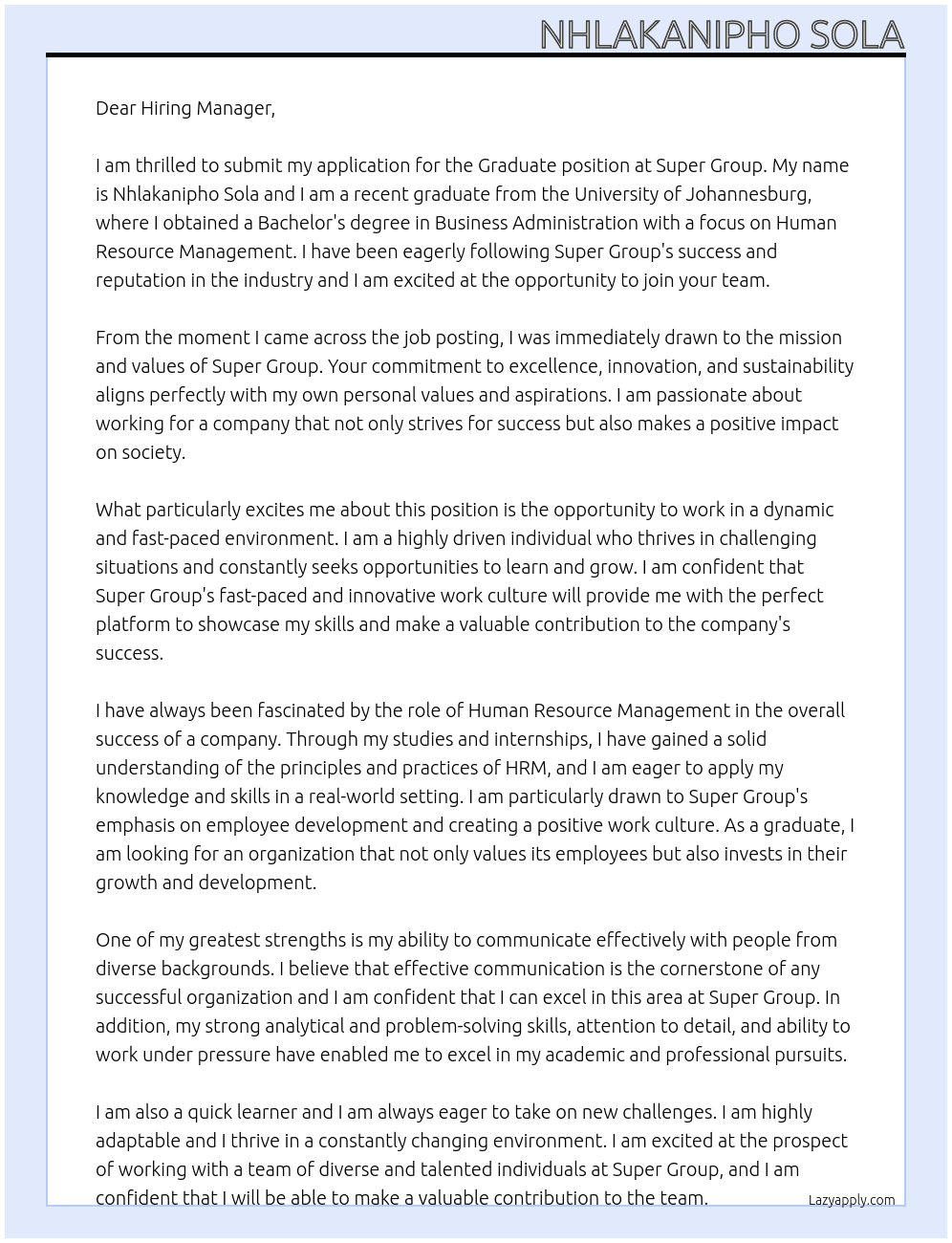Graduate  At Super Group Cover Letter