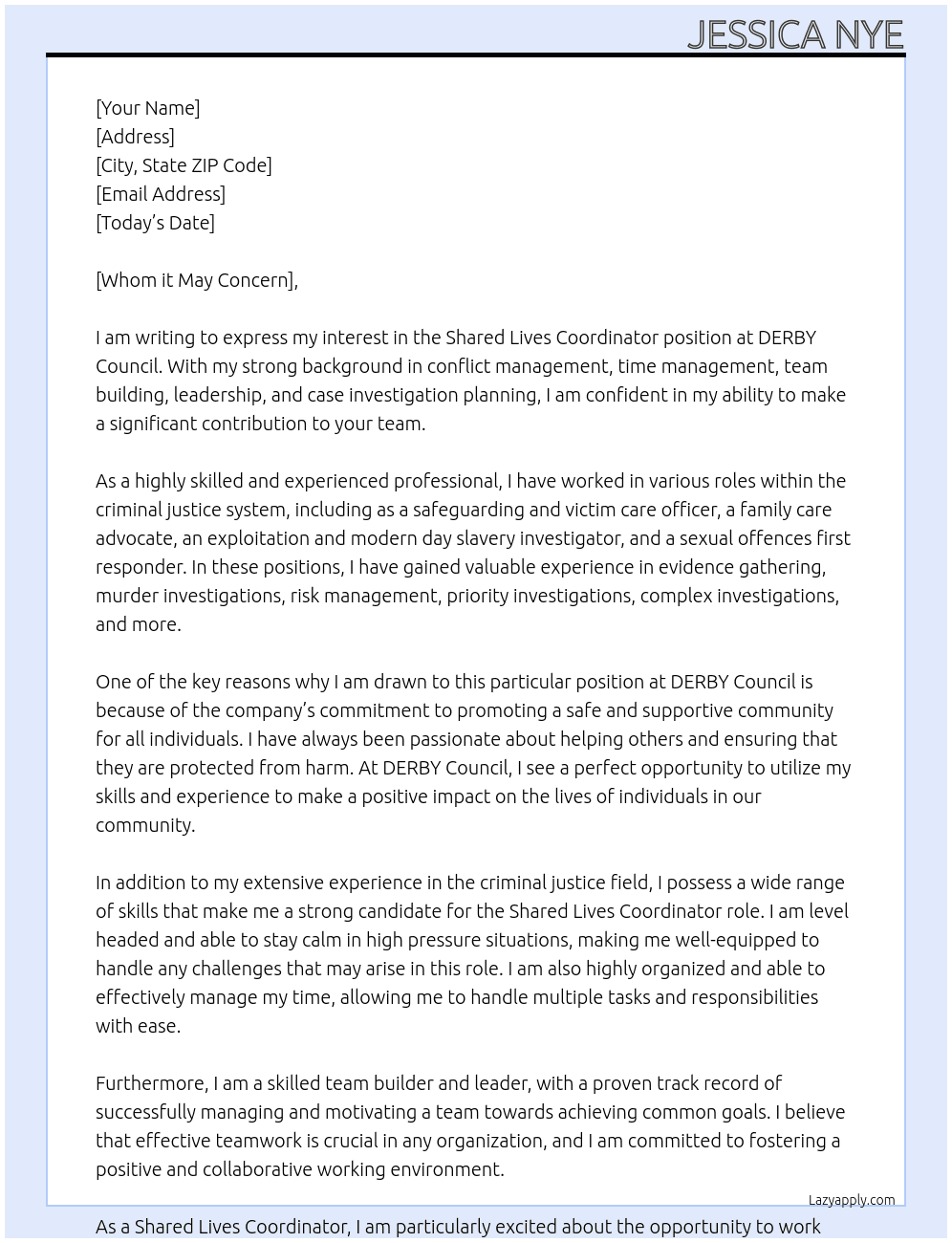 Shared Lives Coordinator  At DERBY Council  Cover Letter