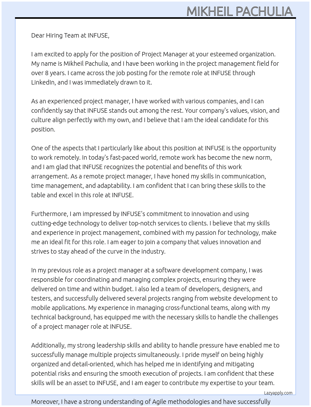 Project Manager At INFUSE Cover Letter