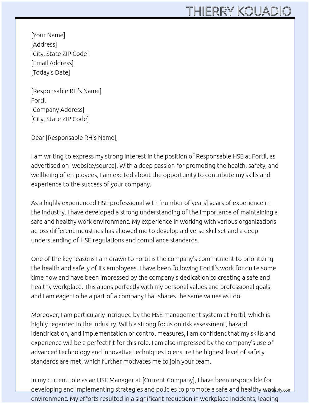 Responsable HSE  At Fortil Cover Letter