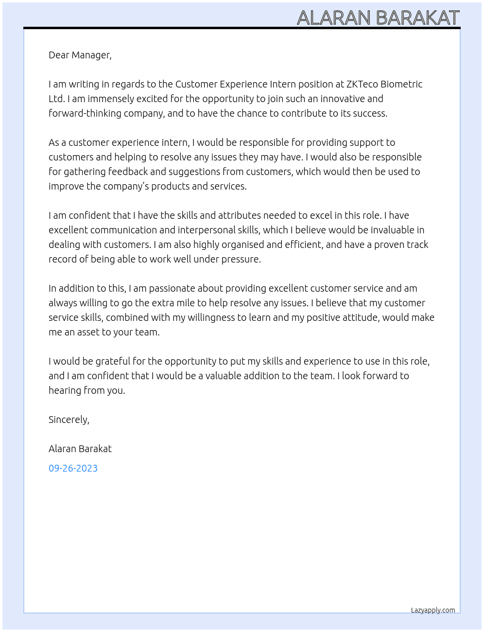 Customer  Experience Intern At ZKTeco Biometric Ltd Cover Letter