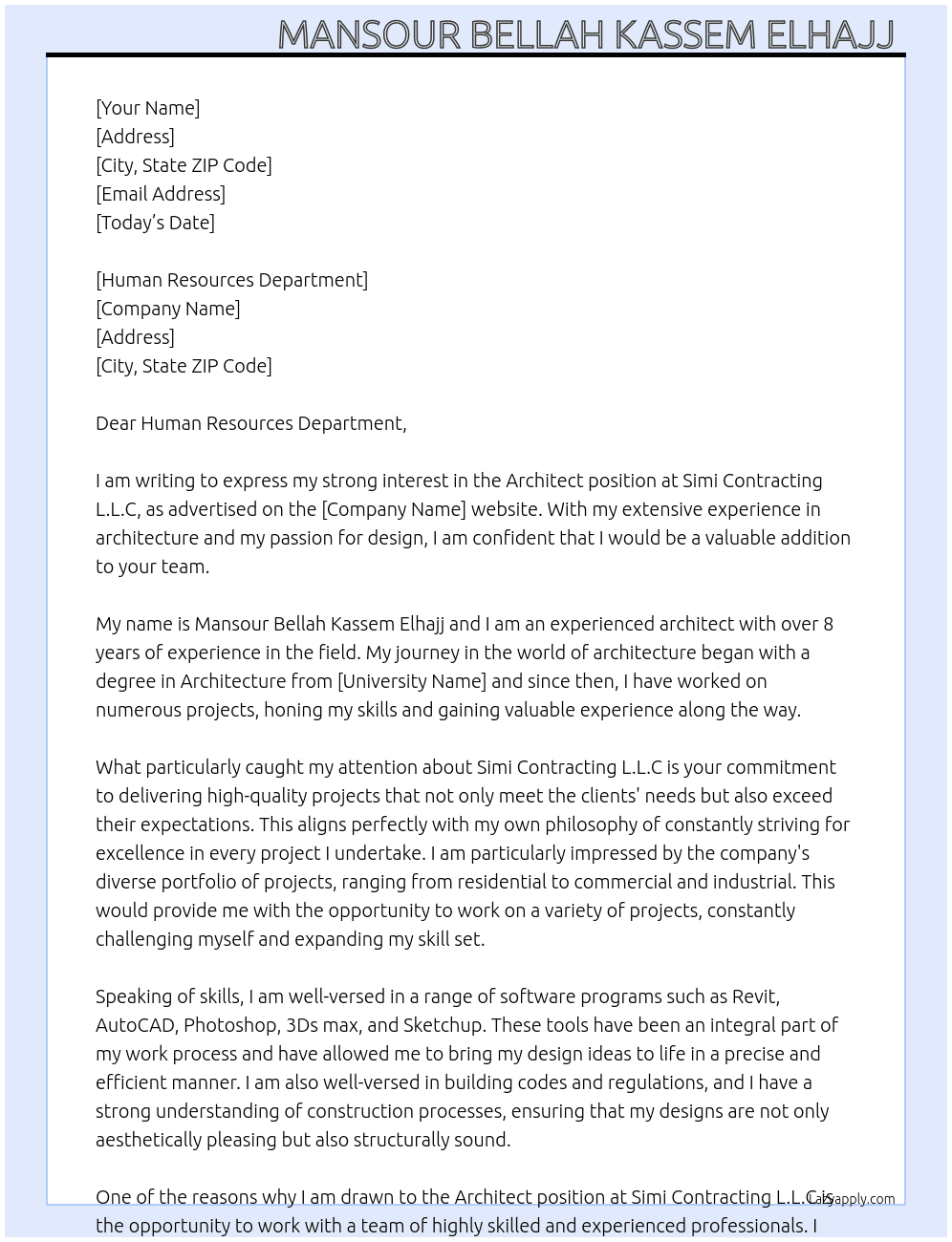 Architect  At Simi Contracting L.L.C Cover Letter