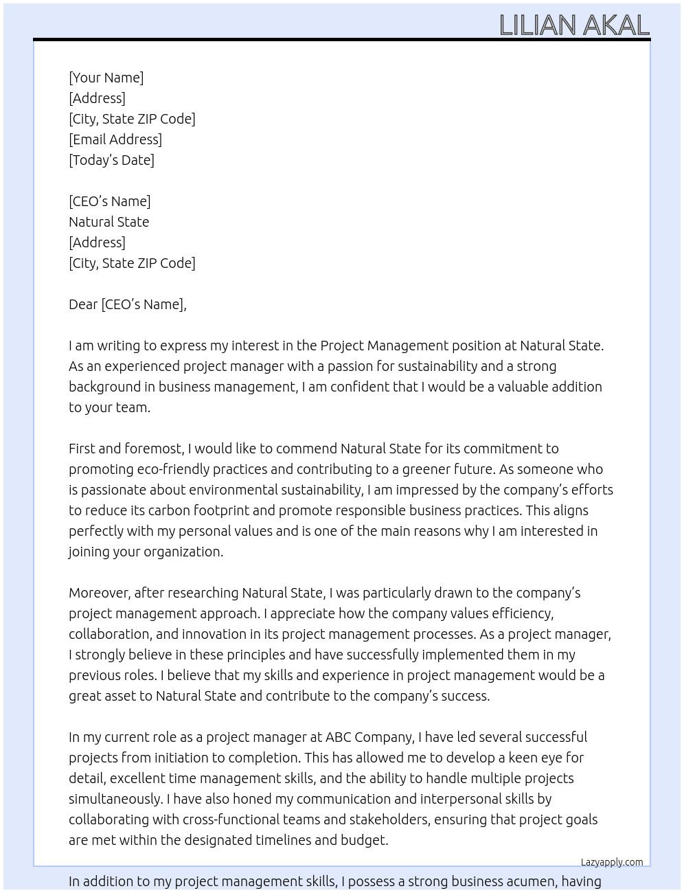 Project management  At Natural State Cover Letter