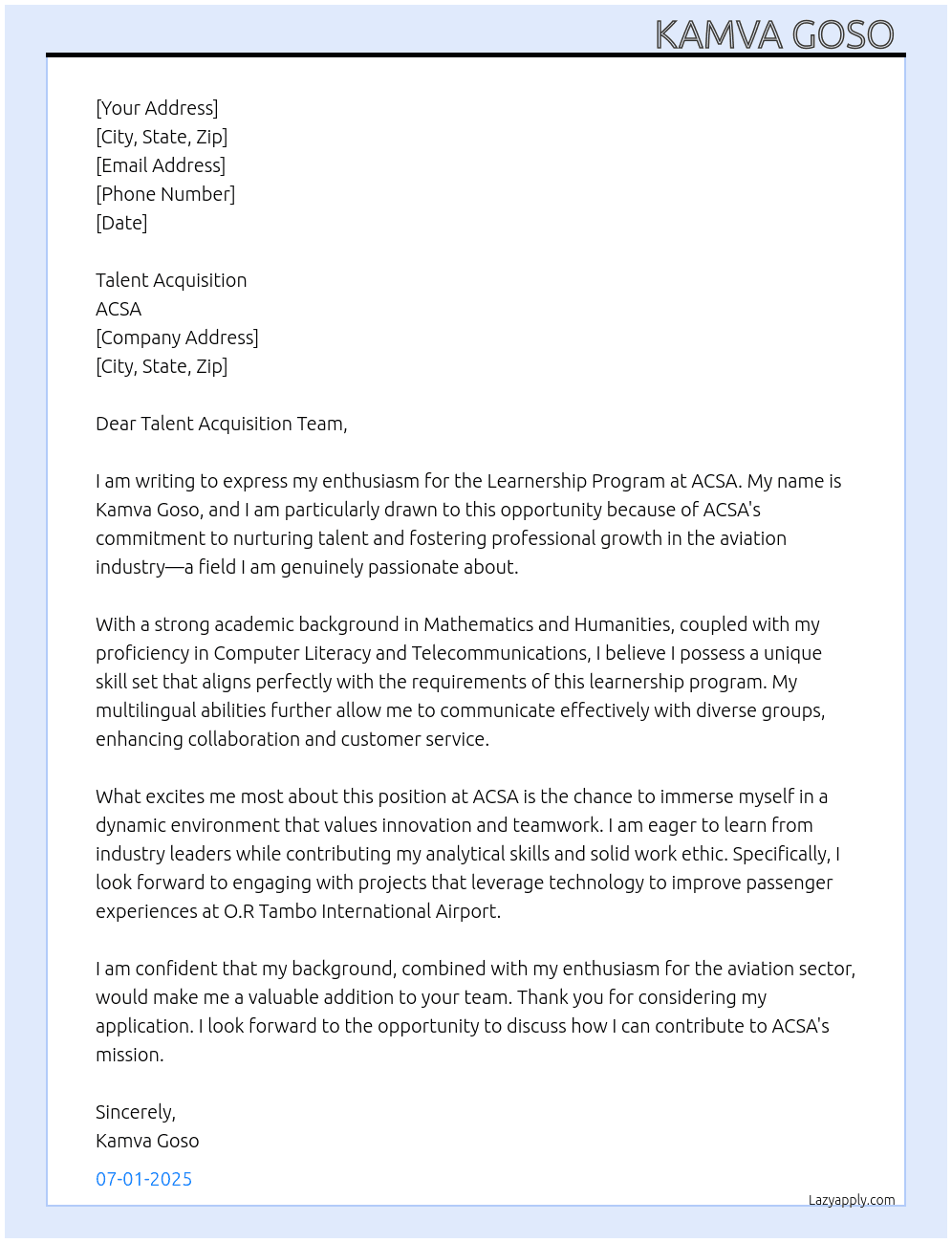 Learnership Program  At ACSA Cover Letter