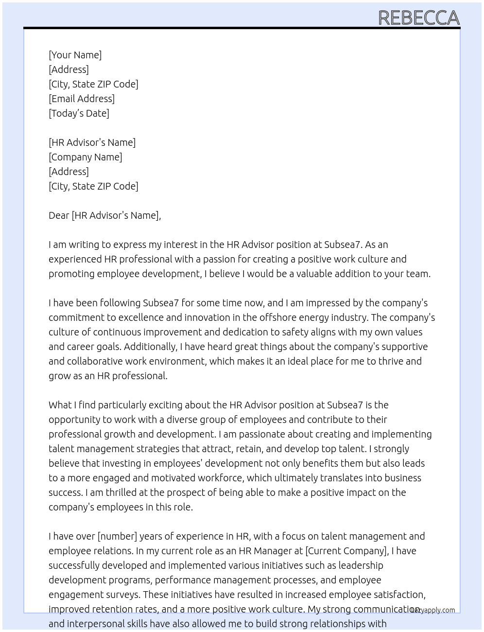 HR Advisor At Subsea7 Cover Letter