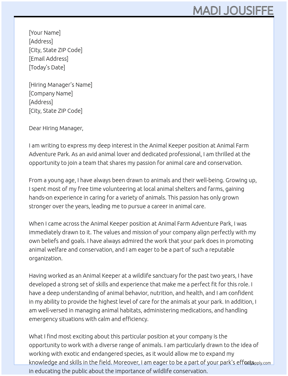 Animal Keeper At Animal Farm Adventure Park Cover Letter