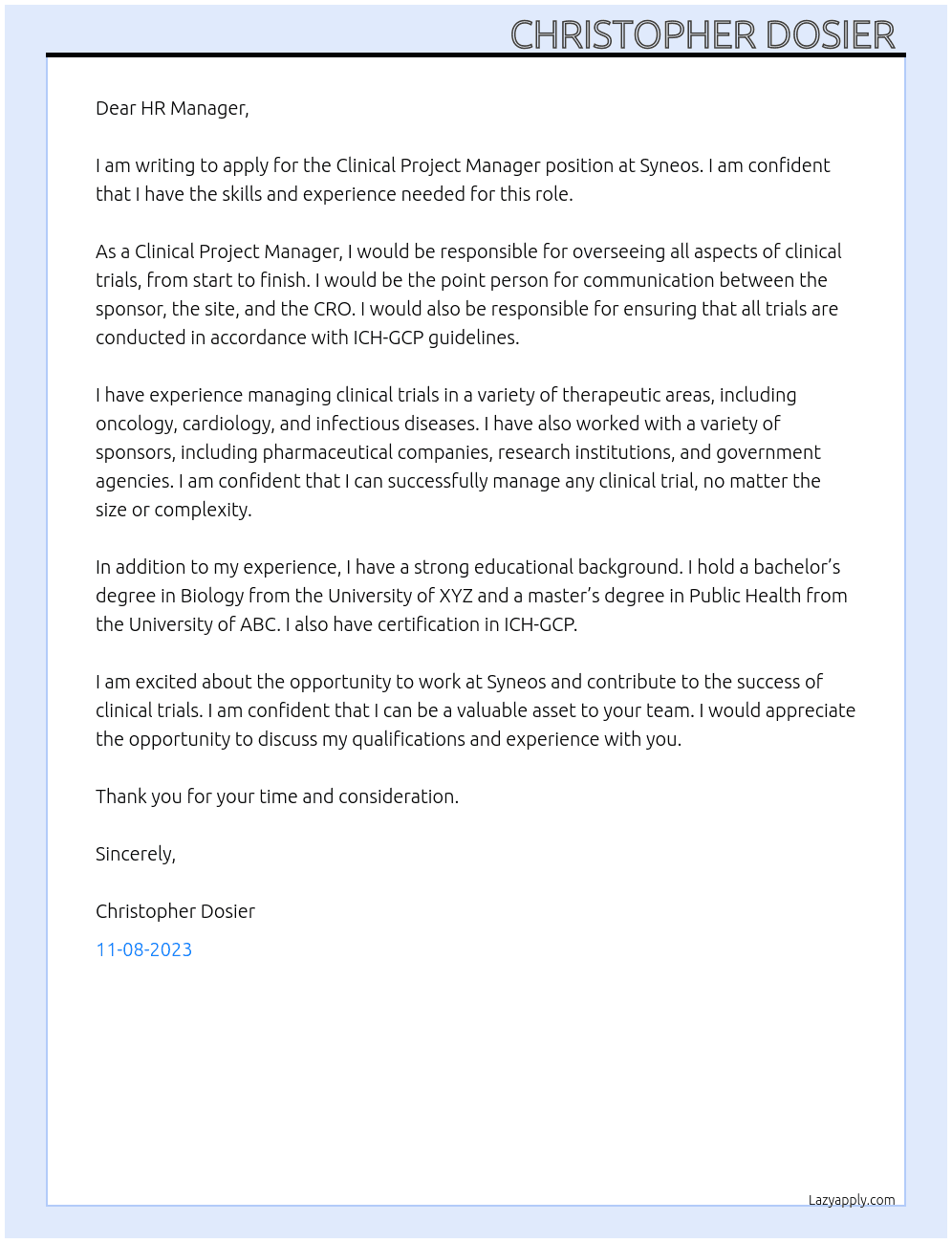 Clinical Project Manager  At Syneos Cover Letter