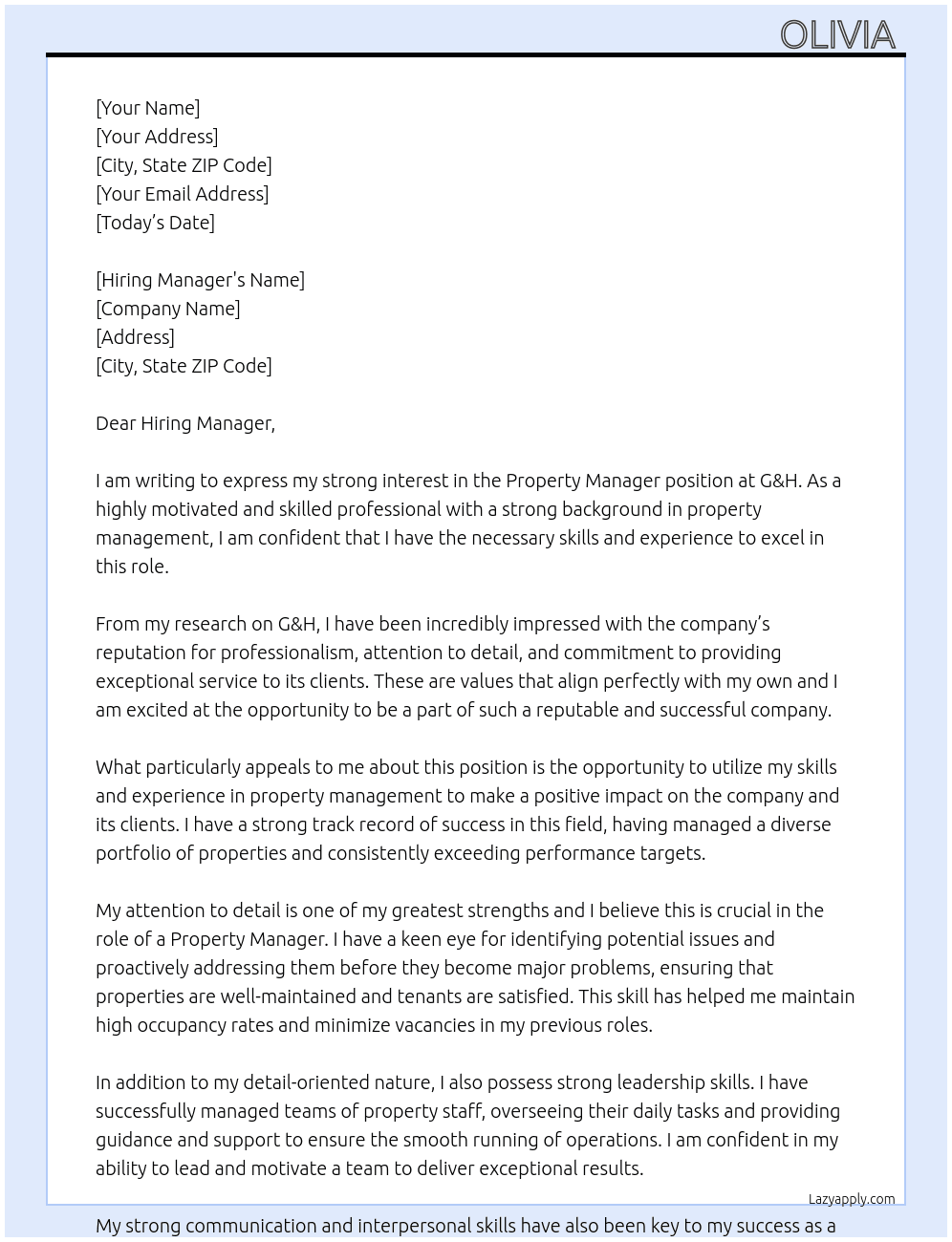 Property manager  At G&H Cover Letter