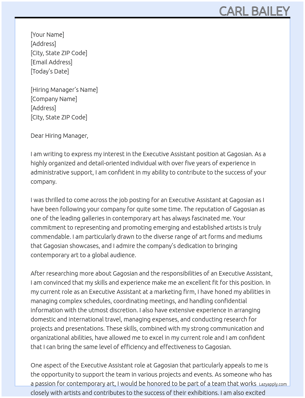 Executive Assistant  At Gagosian  Cover Letter