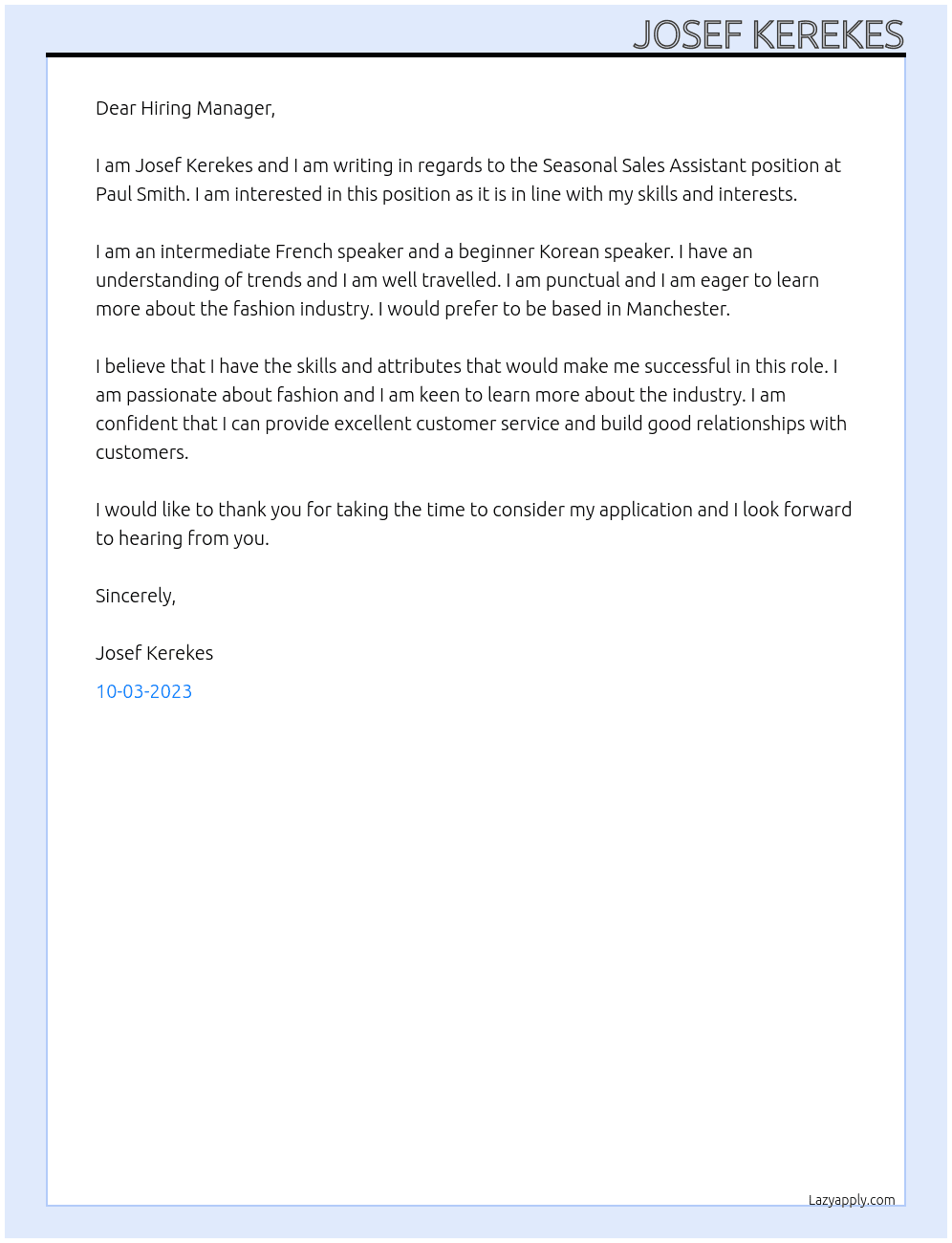 Seasonal Sales Assistant At Paul Smith Cover Letter