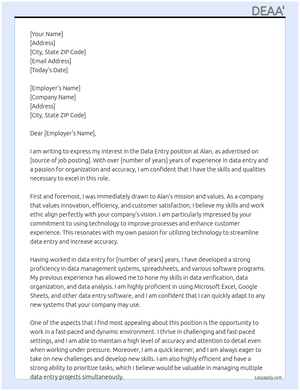 Data entry At alan Cover Letter