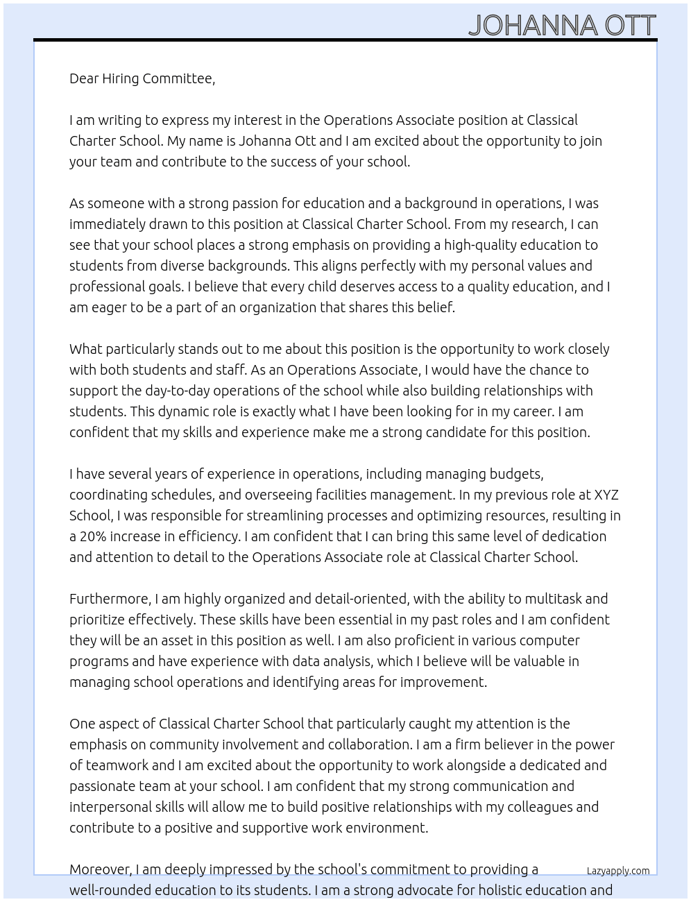 Operations Associate At Classical Charter School Cover Letter