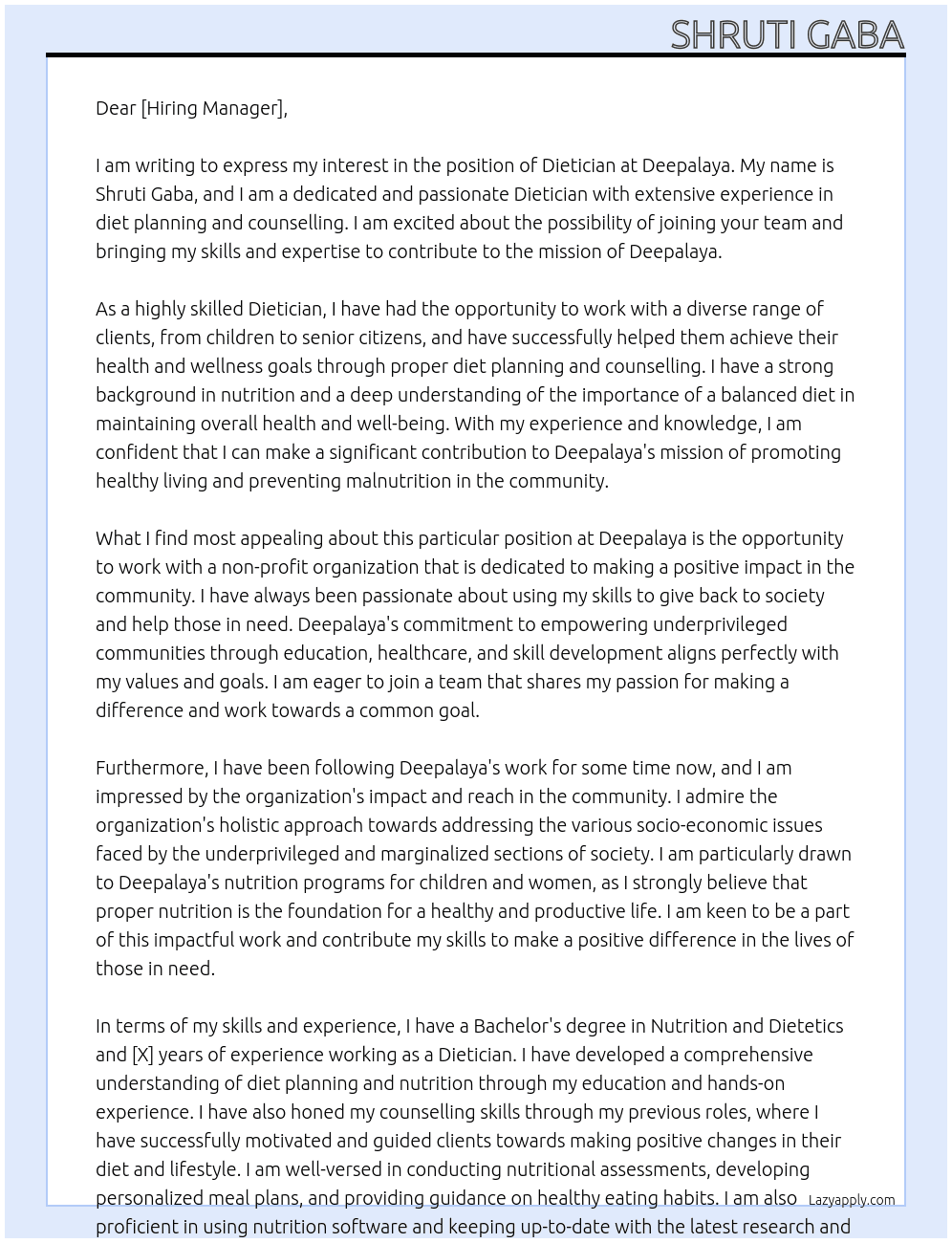 Dietician At DEEPALAYA Cover Letter