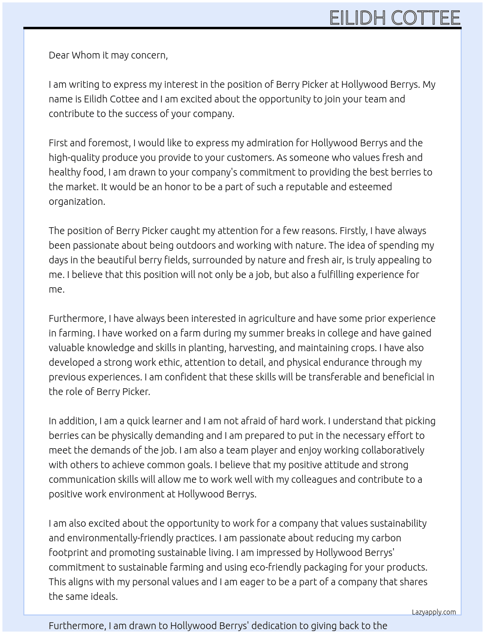 Berry picker At Hollywood Berrys Cover Letter