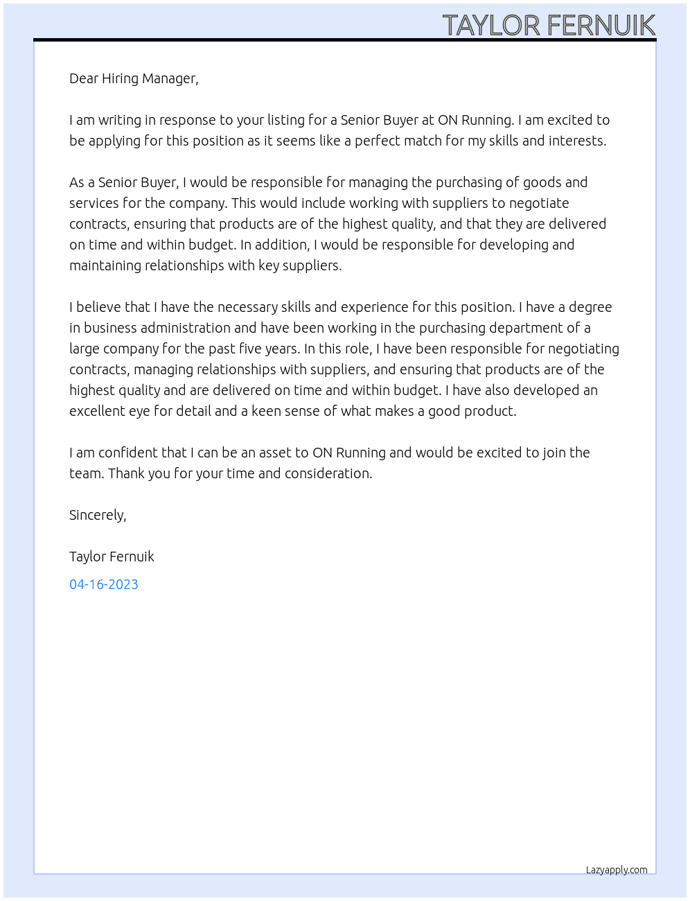 senior buyer At on running Cover Letter