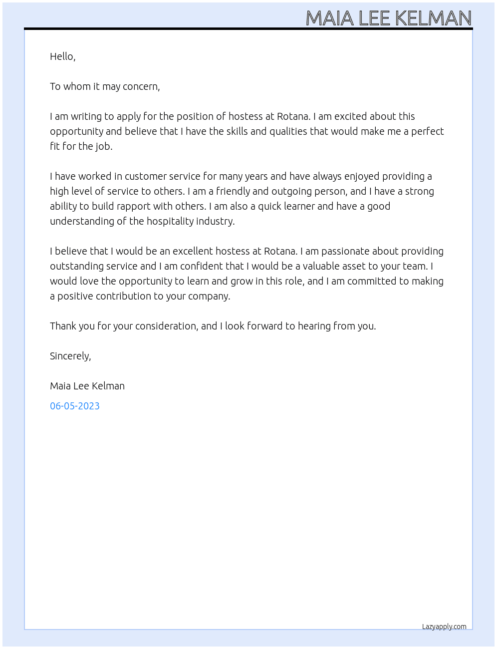 Hostess At Rotana Cover Letter