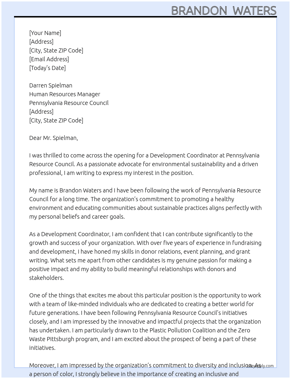 Development Coordinator At Pennsylvania Resource Council Cover Letter