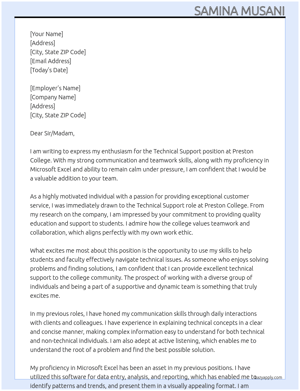 Technical support  At Preston College Cover Letter