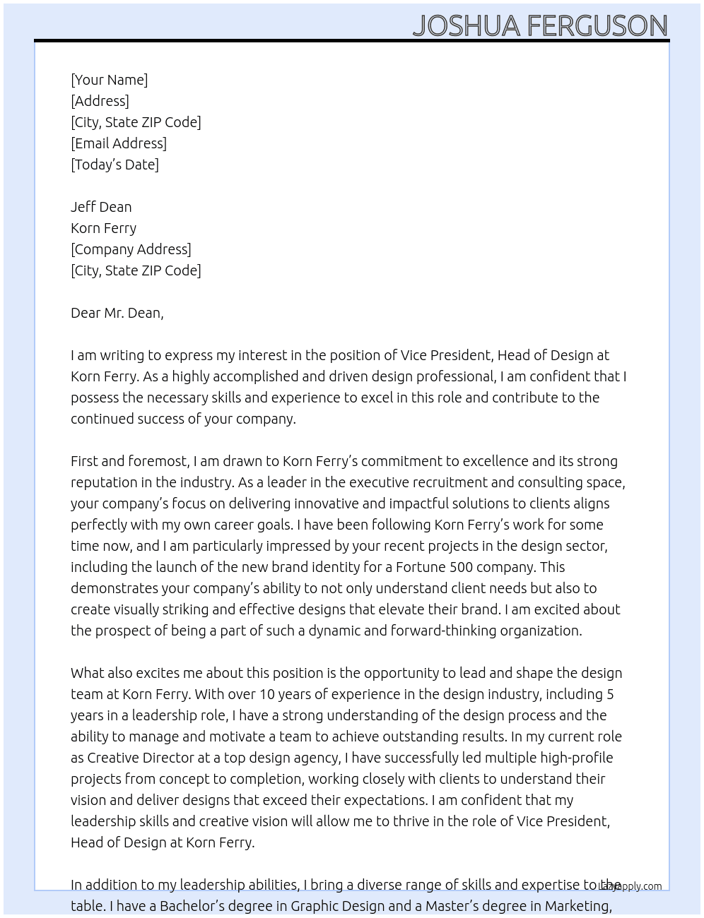 Vice President, Head of Design At Korn Ferry Cover Letter