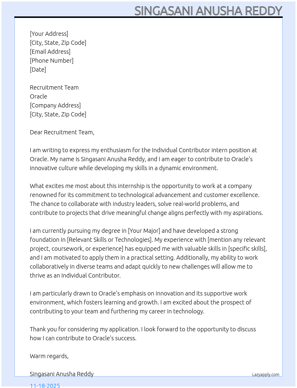 Cover letter for individual contributor - LazyApply