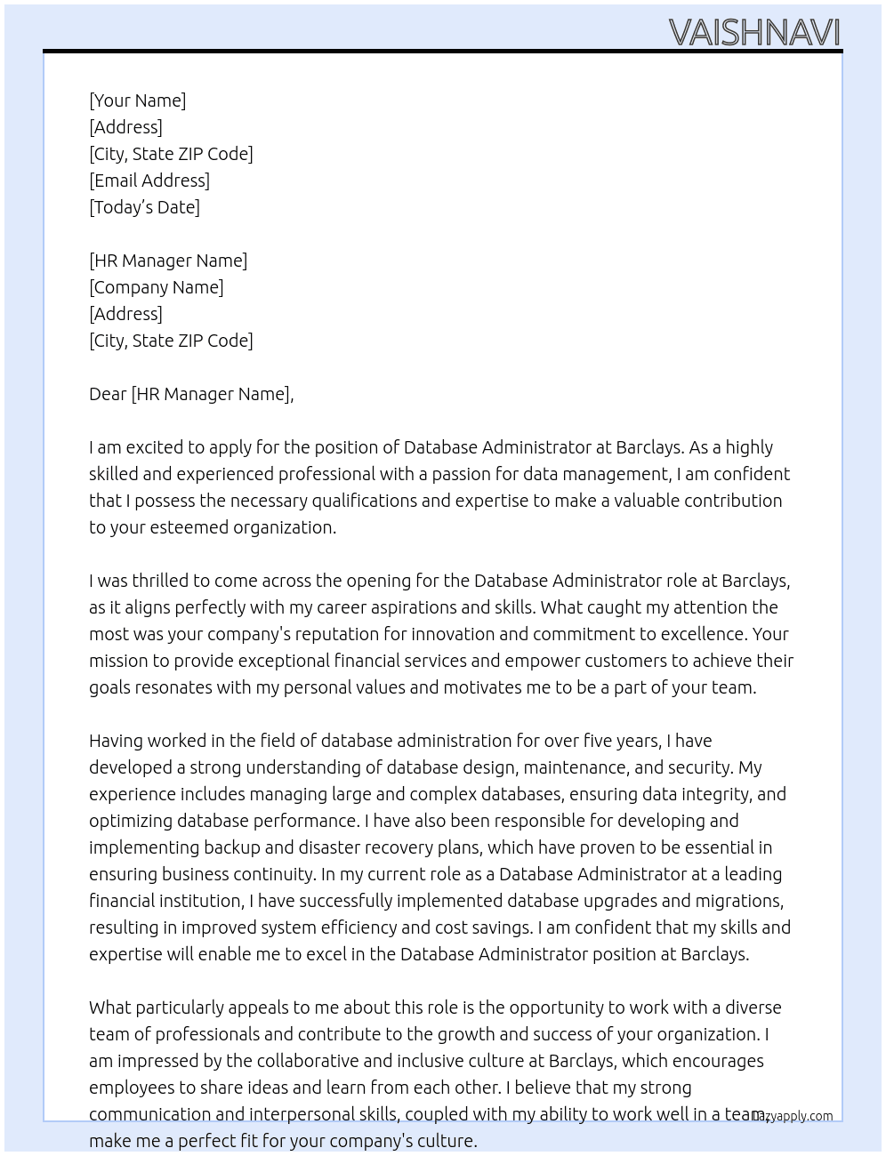 Database Administrator At Barclays Cover Letter