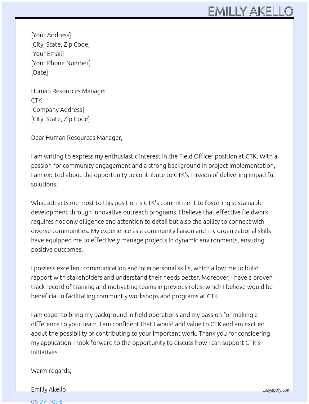 Cover letter for field officer - LazyApply