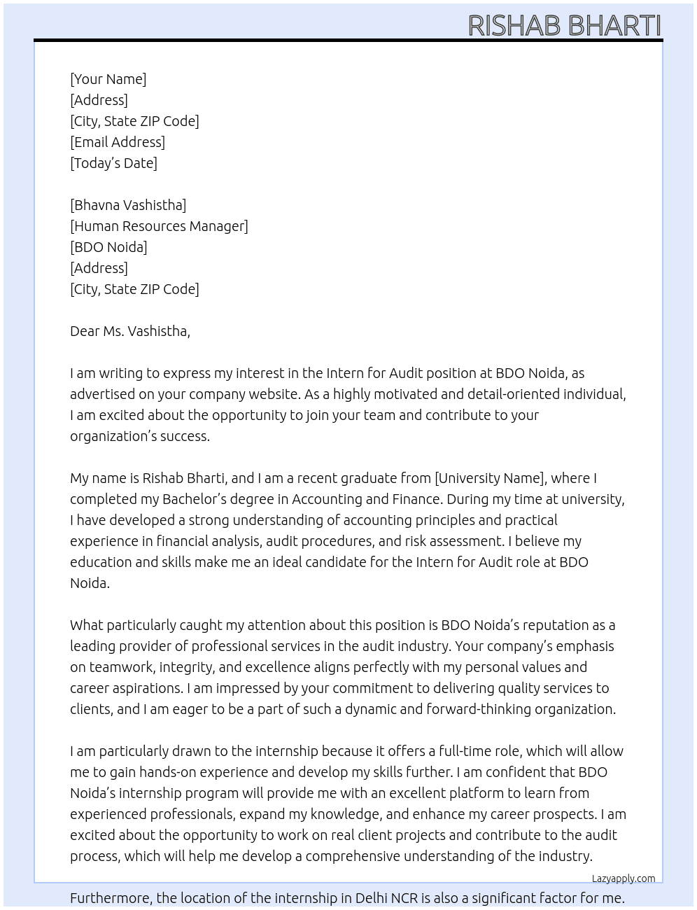 Intern for Audit  At BDO Noida Cover Letter