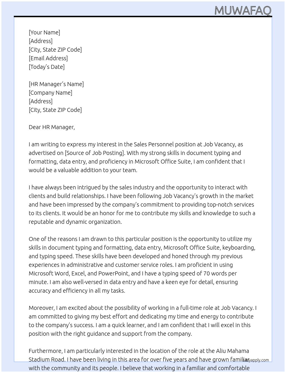 Sales Personnel At Job Vacancy Cover Letter