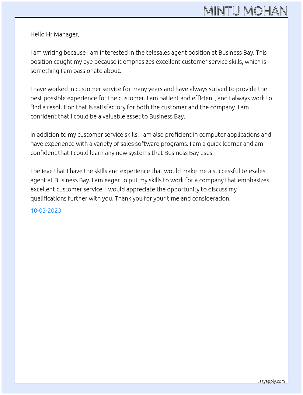 telesales agent  At Business Bay  Cover Letter