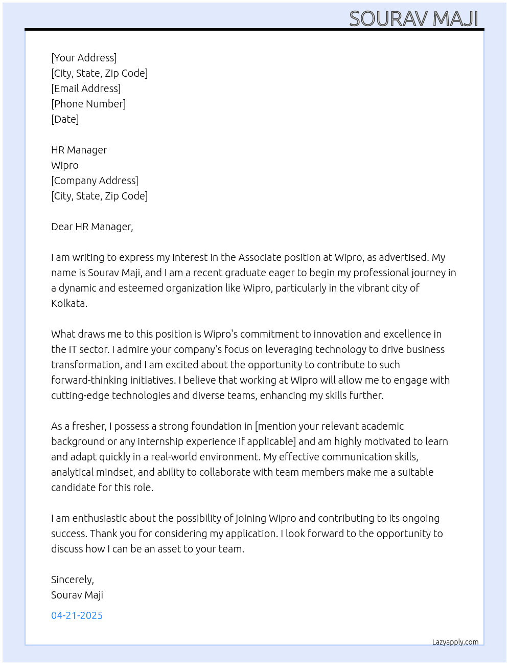 Associate At Wipro  Cover Letter