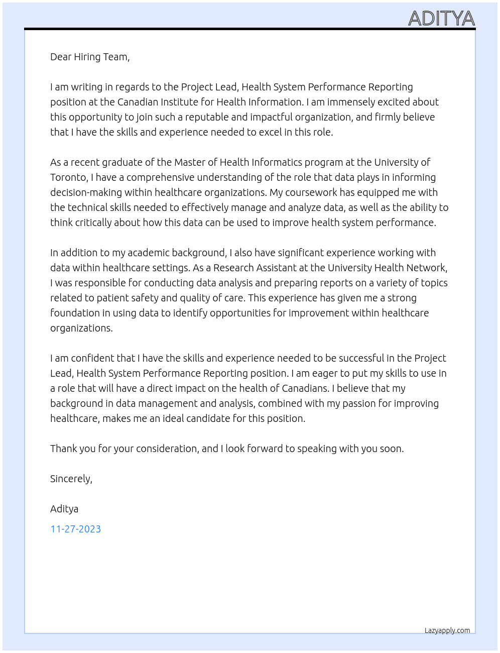 Project Lead, Health System Performance Reporting At Canadian Institute for health information Cover Letter