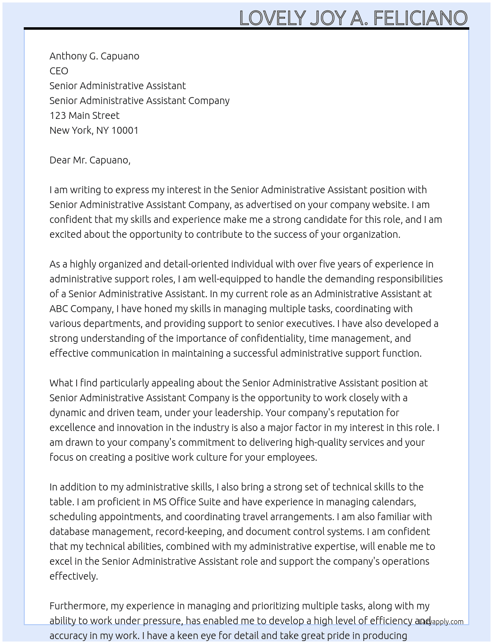 SENIOR ADMINISTRATIVE ASSISTANT At SENIOR ADMINISTRATIVE ASSISTANT Cover Letter