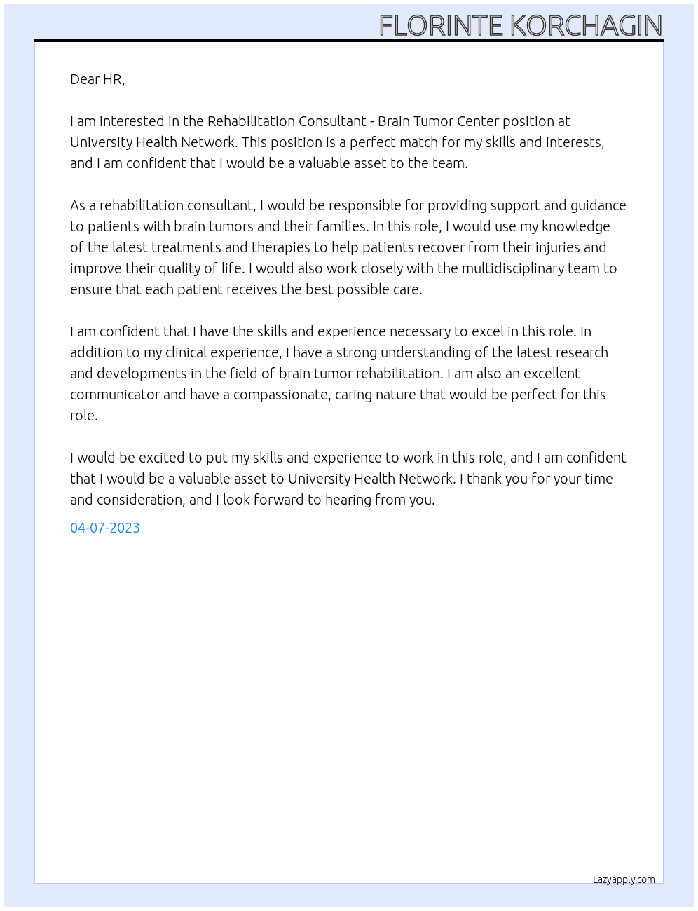Rehabiliation Consultant -Brain Tumor Center At University  Health Network Cover Letter