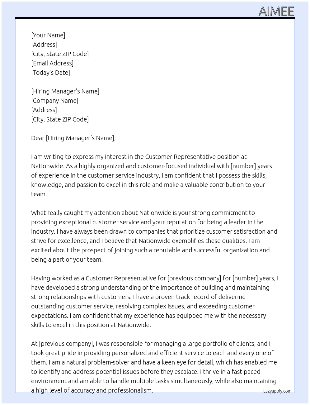Customer representative At Nationwide Cover Letter