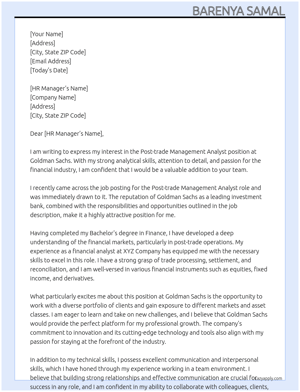 Cover letter for post-trade management -analyst - LazyApply